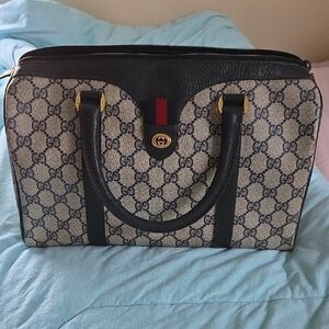 Gucci Beige GG Canvas Satchel with Black Leather Trim and Red Web Accent